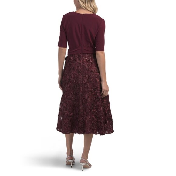 ALEX EVENINGS Merlot Rosette Tea Length Party Dress - Picture 2 of 2